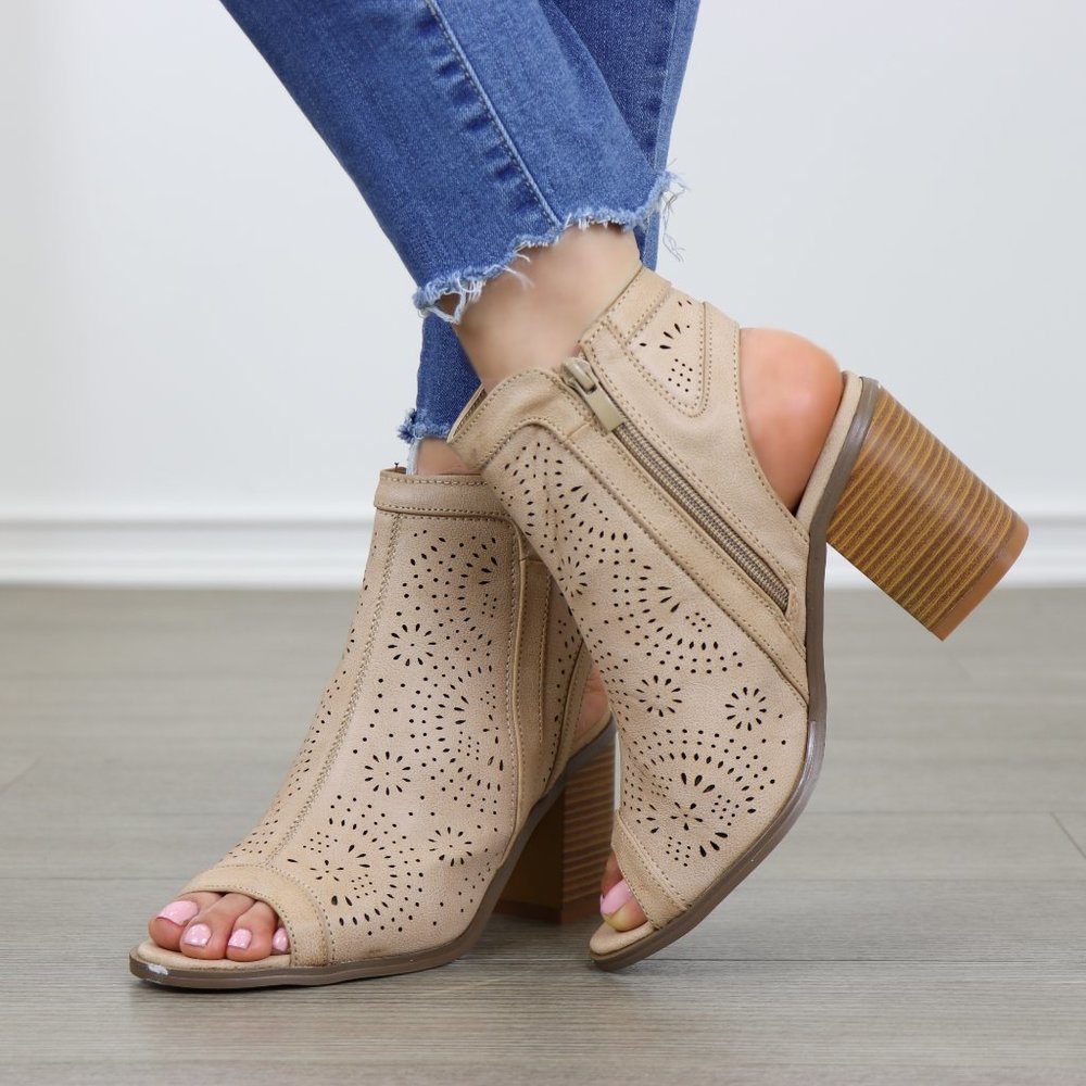 Taupe Peep Toe Heel Sandal Bootie Laser Cut Design - Picture 6 of 8